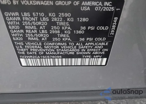 2025 Volkswagen Atlas 2.0T Se W/Technology from USA, damaged, VIN 1V2WR2CA1SC576096